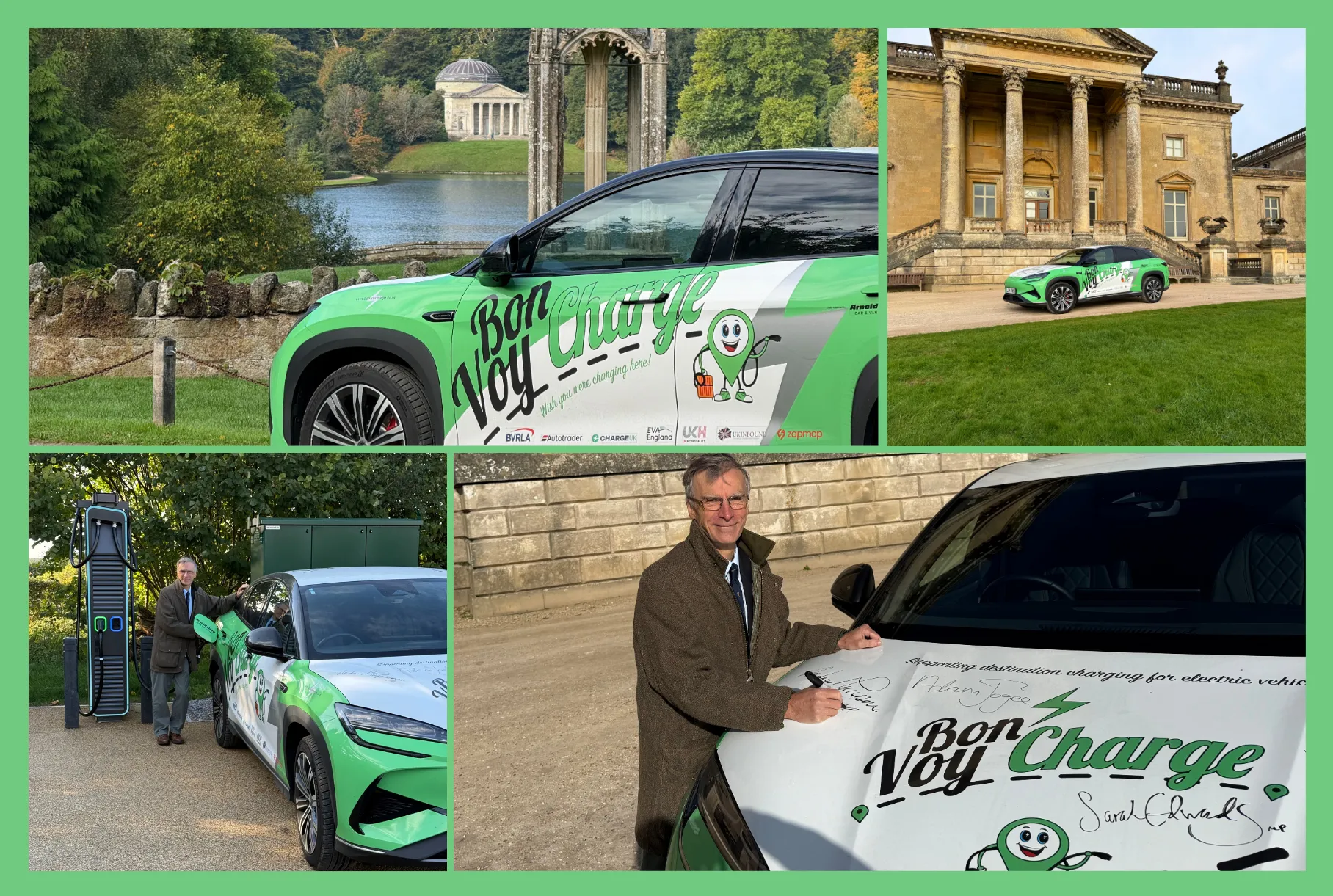 A collage of 4 different pictures of the Bon VoyCharge campaign car. Two of the pics feature Dr Andrew Murrison MP